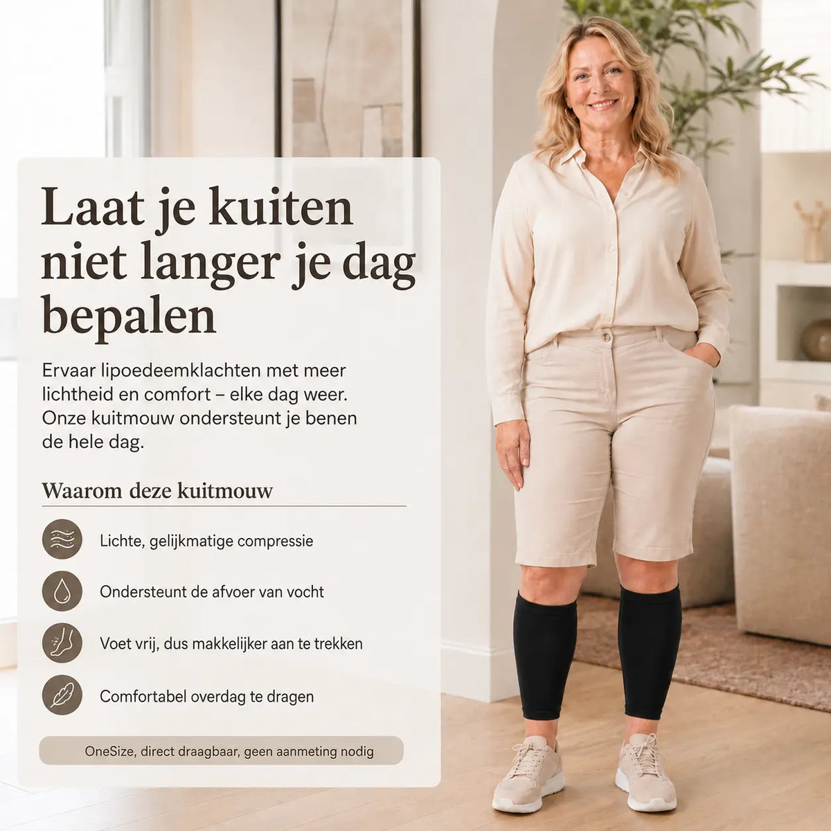 Kuitmouw lipoedeem, dagelijks te dragen compressie voor de kuit