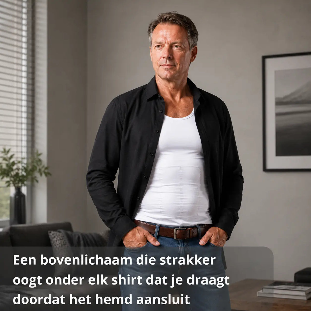 Compressiehemd heren zwart, naadloos en ademend