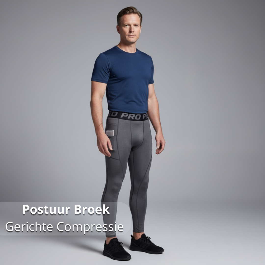 postuur broek heren, compressie broek heren, houding broek heren, compressie kleding heren, shapewear heren broek, core ondersteuning broek, heup ondersteuning heren, onderlichaam support, strakke pasvorm broek, stabiliteit broek heren
