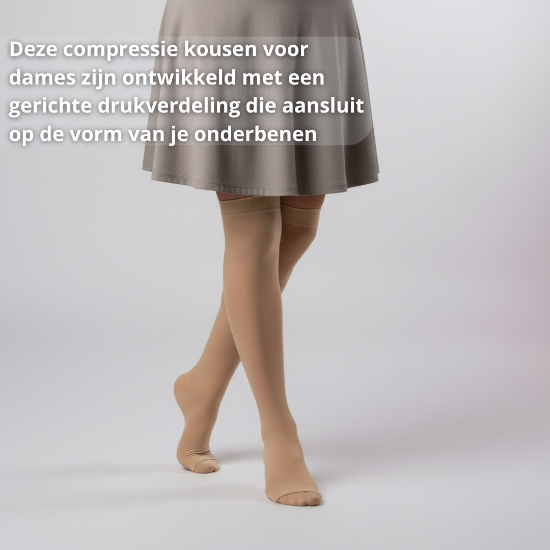 compressie kousen dames, doorbloeding benen verbeteren, steunkousen dames, vermoeide benen oplossing, zware benen verminderen, compressie sokken dames, enkels ondersteuning, vocht in benen verminderen, lange werkdagen benen ondersteuning, reizen compressie kousen dames