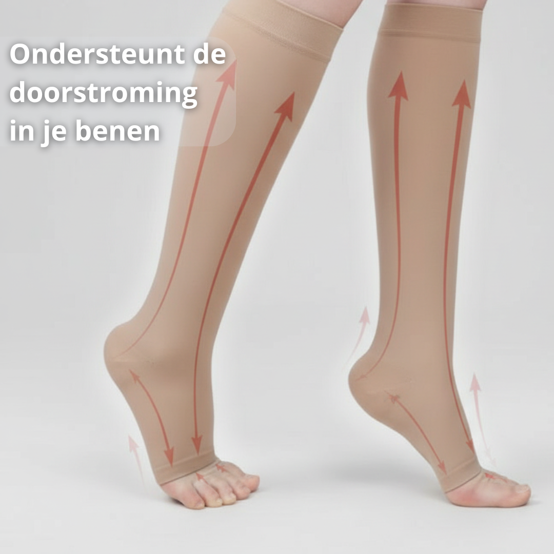 compressie kousen dames, doorbloeding benen verbeteren, steunkousen dames, vermoeide benen oplossing, zware benen verminderen, compressie sokken dames, enkels ondersteuning, vocht in benen verminderen, lange werkdagen benen ondersteuning, reizen compressie kousen dames
