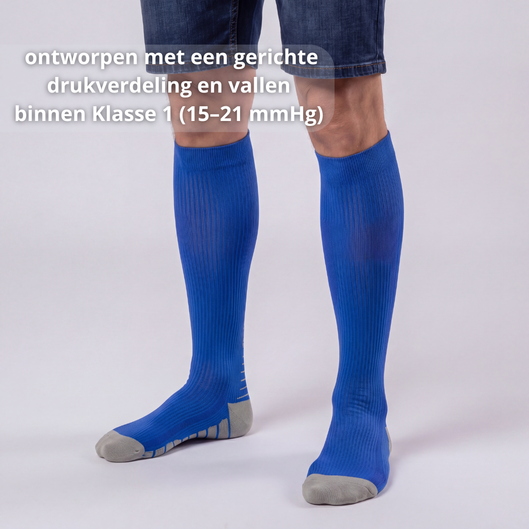 compressie kousen heren, steunkousen heren, zware benen verminderen, doorbloeding benen verbeteren, compressie sokken mannen, vermoeide benen oplossing, enkels en kuiten ondersteuning, lange werkdagen benen, reizen compressie kousen heren, klasse 1 compressie 15-21 mmHg