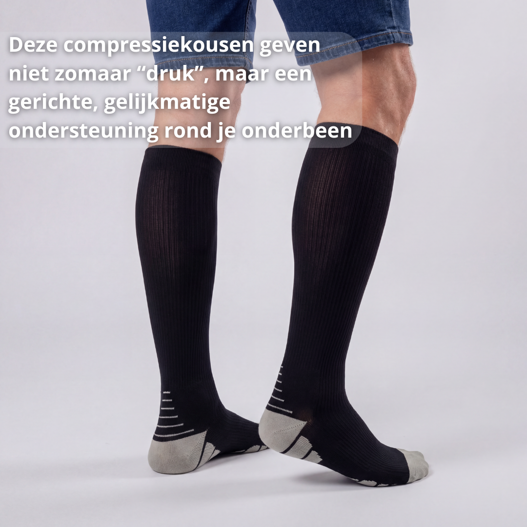compressie kousen heren, steunkousen heren, zware benen verminderen, doorbloeding benen verbeteren, compressie sokken mannen, vermoeide benen oplossing, enkels en kuiten ondersteuning, lange werkdagen benen, reizen compressie kousen heren, klasse 1 compressie 15-21 mmHg