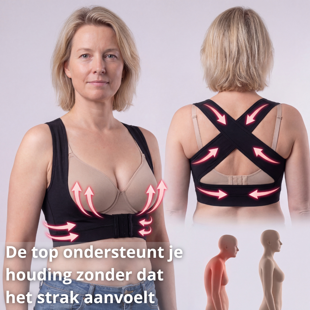 postuur top dames, houding top dames, compressie top dames, postuur shirt dames, houding correctie dames, rug ondersteuning top, schouder ondersteuning dames, houding verbeteren dames, shapewear top dames, corrigerende top dames